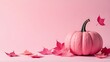 © Soul - Pink pumpkin on pale pink background, halloween, pink autumn leaves falling