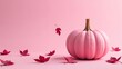 © Soul - Pink pumpkin on pale pink background, halloween, pink autumn leaves falling