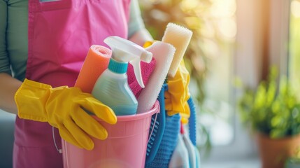 Cleaning lady wearing apron and gloves, holding the bucket full of equipment for house cleaning