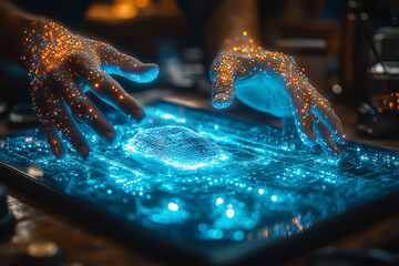 Fototapete - A person using a holographic interface to sculpt a 3D object in mid-air, symbolizing innovation and the future of design.