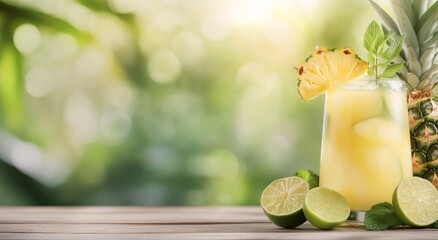 Canvas Print - Refreshing tropical drink with pineapple and lime on a wooden table in a sunny garden setting