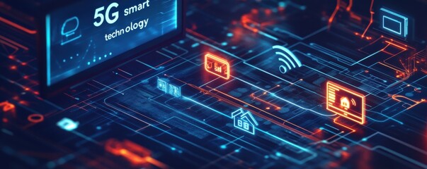 Poster - Innovative digital illustration showcasing 5G smart technology and futuristic connectivity with glowing data graphics