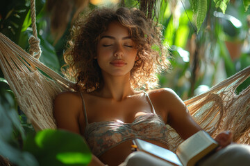 Poster - A person relaxing in a hammock with a book, surrounded by tropical plants, symbolizing relaxation and escape.