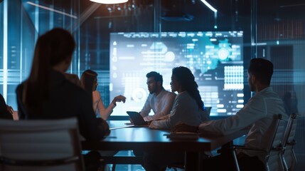 In a futuristic conference room, a diverse group of professionals engage in a discussion, with a large digital display glowing in the background.