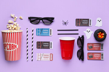 Sticker - Composition with different cinema tickets, 3D glasses, popcorn and Halloween decorations on lilac background