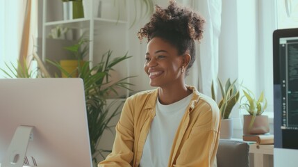 Sticker - A young woman in a yellow jacket working at a desktop computer, smiling in a cozy, plant-filled home office.