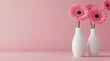 © ArtCookStudio - Fresh pink gerbera daisies in white vases against a soft pink background for a serene look