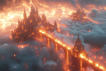 Wall Mural - A majestic castle floating in the sky, tethered by glowing, ethereal chains, representing fantasy and architectural imagination.