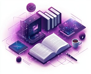 Poster - Isometric digital illustration featuring books, tablets, and a coffee cup in a futuristic study setup