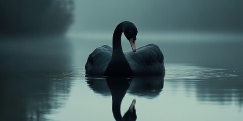 Sticker - A serene black swan gracefully glides over a misty lake. The calm waters reflect its elegant shape. Perfect for nature lovers and wildlife enthusiasts. A tranquil moment captured beautifully. AI