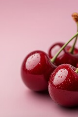 Canvas Print - Fresh heart-shaped cherries glistening with water droplets on a pastel pink background