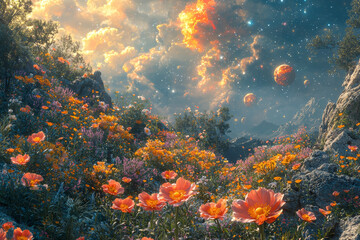 Canvas Print - A dreamlike scene of a garden where flowers bloom in the shape of celestial bodies, symbolizing the connection between nature and the cosmos.