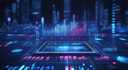 Poster - Digital illustration depicting an upward-trending graph on a tablet, symbolizing financial growth and data visualization in a futuristic setting