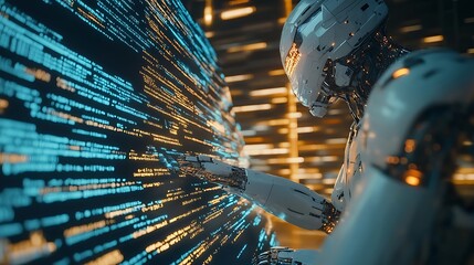 A robot writing code on a virtual screen