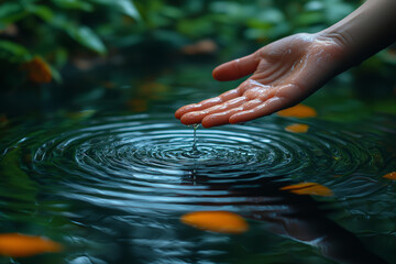 Poster - a close-up of a person's hand touching a water's surface, with ripples distorting their reflection, 