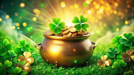 Shimmering Pot of Gold Surrounded by Green Clover Leaves on a Bright St. Patrick's Day Background