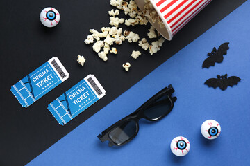 Sticker - Composition with cinema tickets, 3D glasses, tasty popcorn and Halloween decorations on color background