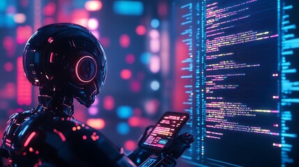 A robot writing code on a virtual screen