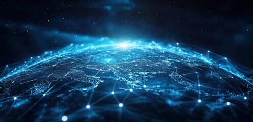 Poster - Digital illustration of Earth with glowing network connections in a futuristic global technology concept