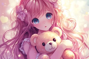 Sticker - Cute anime girl with pink hair and blue eyes hugging a teddy bear