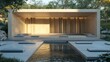 © Adnan saheem - A minimalist outdoor meditation pavilion with a single open room, minimal cushions for seating, and a surrounding water feature that creates a tranquil audio backdrop