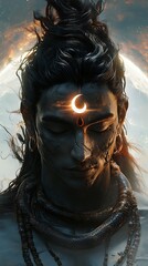 Wall Mural - Lord Shiva Digital Art Painting,  Hinduism God with Crescent Moon, Spiritual Image