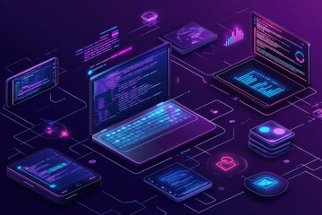 Poster - Futuristic digital illustration of web development with neon interface and multiple devices, highlighting technological advancement and innovation in coding environments
