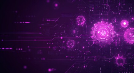Poster - Digital illustration featuring futuristic technology gears with a vibrant purple background conveying innovation and modernity.