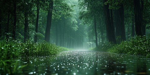 Wall Mural - A peaceful green forest with a reflective puddle and misty air, featuring tall trees and soft sunlight filtering through the canopy in a tranquil landscape.