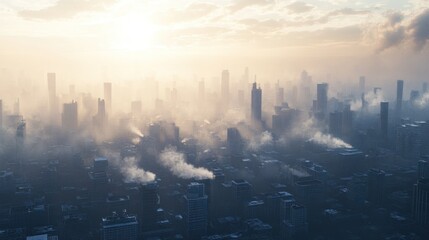 Poster - A Foggy Cityscape at Sunset with Tall Buildings and Smoke