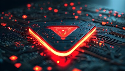 Futuristic digital circuit board featuring a luminous red triangle warning sign