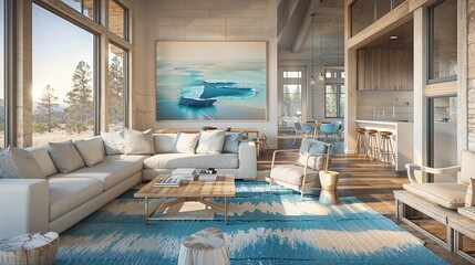 Modern rustic living room with large windows and sea-themed artwork.