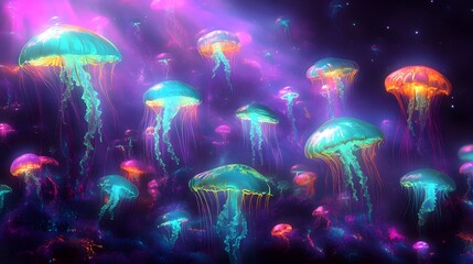 Wall Mural - colorful magic jellyfish-mushroom world dark space background electric wallpaper