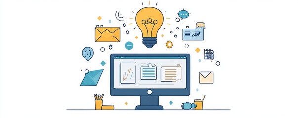 Poster - Creative flat  illustration of a modern office workspace with computer, charts, and ideas represented by light bulb and icons