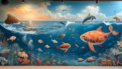 Wall Mural - Vibrant mural celebrating ocean life, inspiring action for marine ecosystem protection through artistic expression and innovative techniques