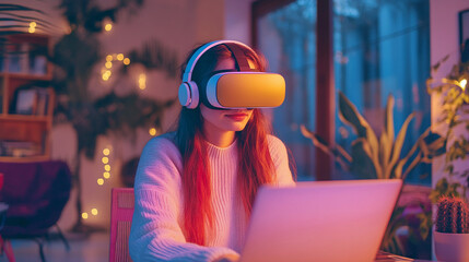 Technological future: Young man playing online game with laptop and vr goggles