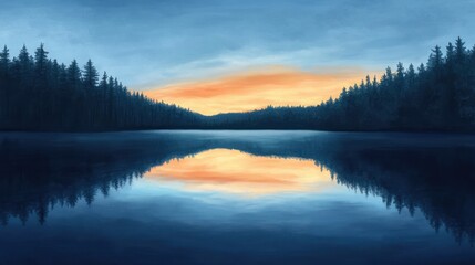 Poster - Serene Sunset Reflection on a Still Lake Surrounded by Trees