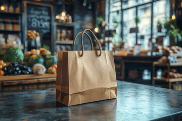 Poster - an empty shopping bag on a store counter, ready for a store logo or design.