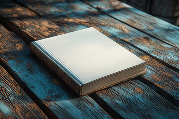 Wall Mural - An empty notebook on a wooden desk, waiting for a creative cover design.