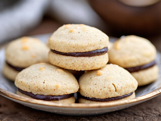 Baci di Dama cookies. Italian Piedmont sandwich biscuit consisting of two hazelnut biscuits joined together by a chocolate filling.