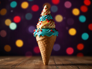 elegance design of Xmas ice cream on multi color bokeh light decoration background, colorful holiday ice-cream