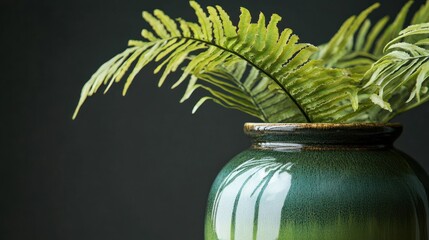 Poster - Green Fern Plant in a Speckled Green Ceramic Vase
