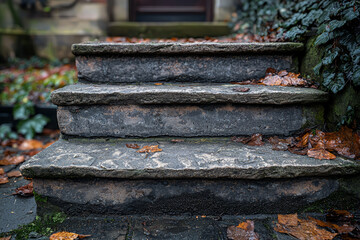Poster - A set of stairs, with some steps worn smooth by decades of use, symbolizing how time leaves its mark. Concept of history.