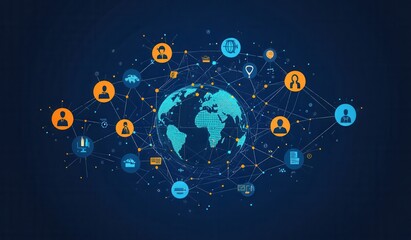 Poster - Flat  illustration of global digital communication network with interconnected people across continents