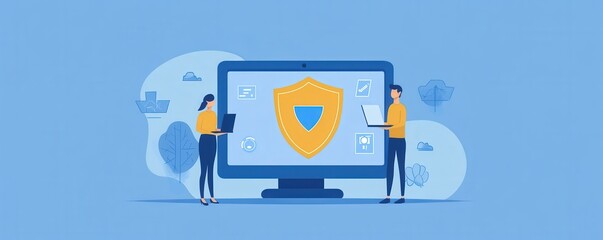 Flat  illustration of two people standing by a large computer screen showcasing cybersecurity concepts with security icons