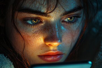 Poster - A person's face lit only by the glow of a phone screen in a dark room, highlighting modern dependence on technology. Concept of modern life.