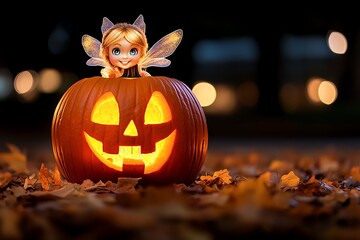 Poster - A fairy inside a glowing orange pumpkin, with warm golden light and soft autumn leaves creating a magical atmosphere