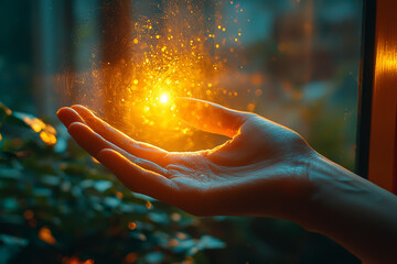 Poster - A hand catching sunlight through a window, with light filtering through the fingers. Concept of connection.