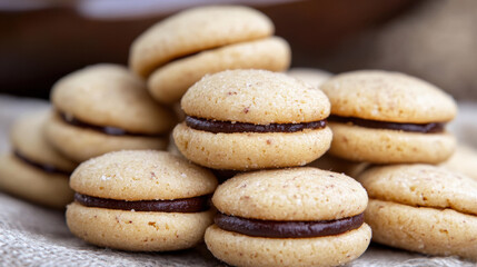 Baci di Dama cookies. Italian Piedmont sandwich biscuit consisting of two hazelnut biscuits joined together by a chocolate filling.