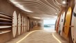© Adnan saheem - A minimalist surf shop with surfboards mounted on simple racks, a sandy floor design, and a ceiling that mimics a wave pattern, providing a connection to the ocean while maintaining a sleek look